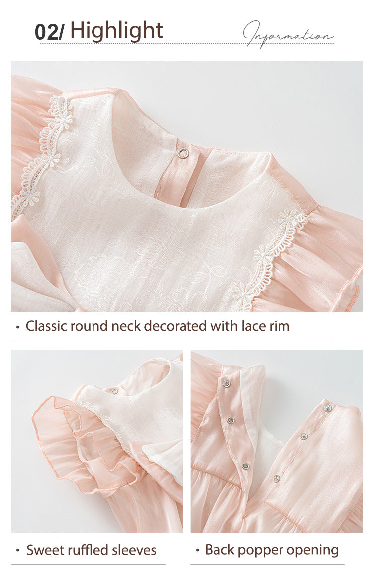 Baby Girl Ruffled Sleeves Big Bowtie Beige Voile Bodysuit n Headwrap 2pc Set - Little Kooma