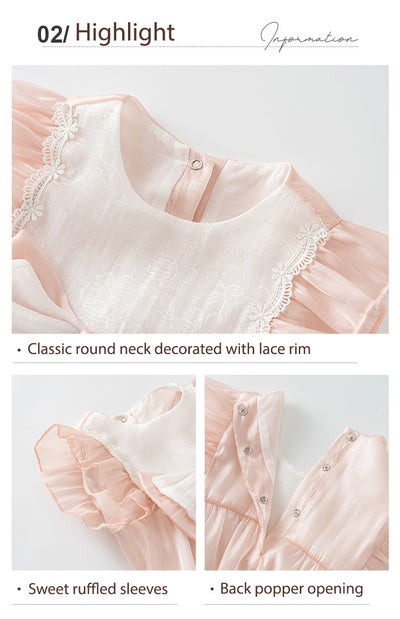 Baby Girl Ruffled Sleeves Big Bowtie Beige Voile Bodysuit n Headwrap 2pc Set - Little Kooma