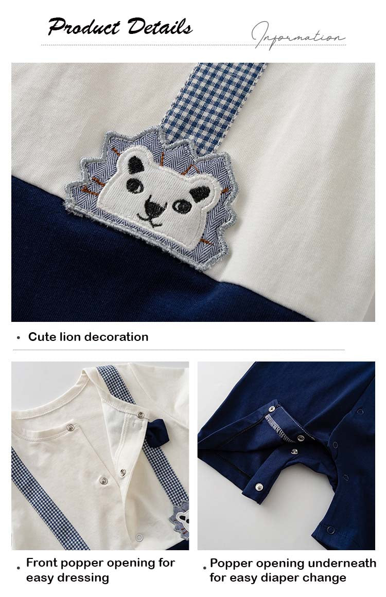 Baby Boy Fake Two Piece Round Neck Pocket Lion Suspender Suit Romper w Bow - Little Kooma