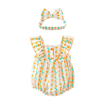Baby Girl Ruffled Sleeves Orange Flower Prints Bodysuit n Headwrap 2pc Set - Little Kooma