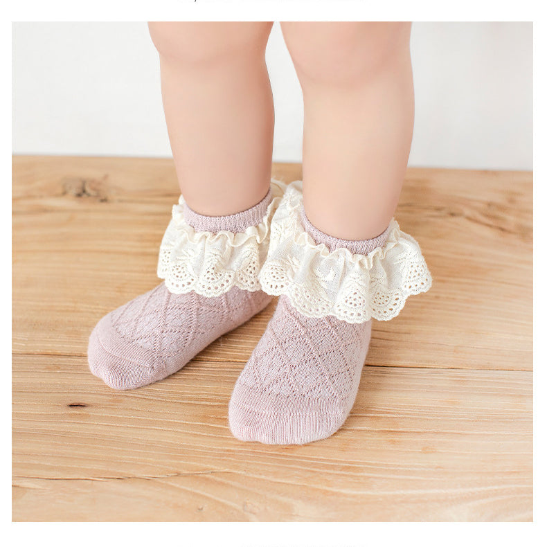 Baby Kids Girl Lace Brim Waffle Ankle Socks - Little Kooma