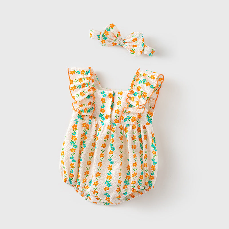 Baby Girl Ruffled Sleeves Orange Flower Prints Bodysuit n Headwrap 2pc Set - Little Kooma