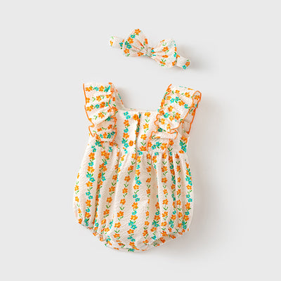 Baby Girl Ruffled Sleeves Orange Flower Prints Bodysuit n Headwrap 2pc Set - Little Kooma