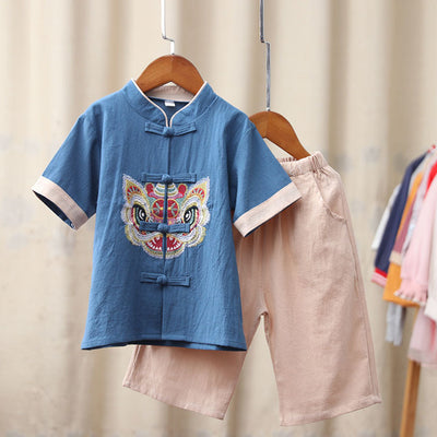 Kids Boys Cheongsam Set Top n Shorts Embroidered Dancing Lion Racial Harmony Day CNY Chinese New Year Outfit - Little Kooma