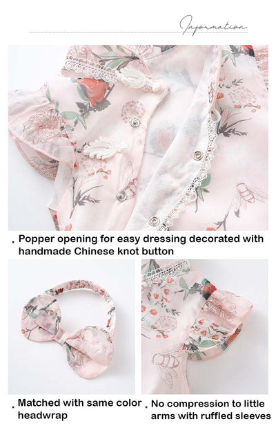 Baby Girl Ruffled Sleeves Floral Prints Cheongsam Bodysuit n Headwrap 2pc Set - Little Kooma