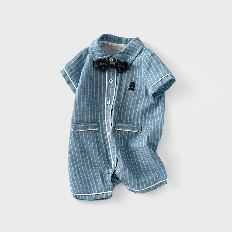 Baby Boy Bear White Stripes Dark Blue Suit Romper w Removable Black Wave Bow Fake Two Pockets - Little Kooma