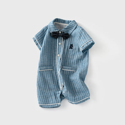 Baby Boy Bear White Stripes Dark Blue Suit Romper w Removable Black Wave Bow Fake Two Pockets - Little Kooma