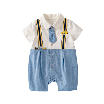 Baby Boy Cartoon Car Fake Two Piece Suspender Suit Romper w Removable Light Blue Tie White Folded Collar - Little Kooma