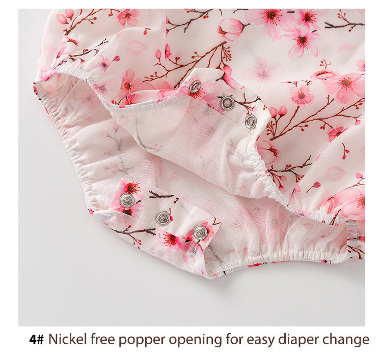 Baby Girl Ruffled Sleeves Pink Plum Flower Prints Voile Cheongsam Bodysuit n Headwrap 2pc Set - Little Kooma