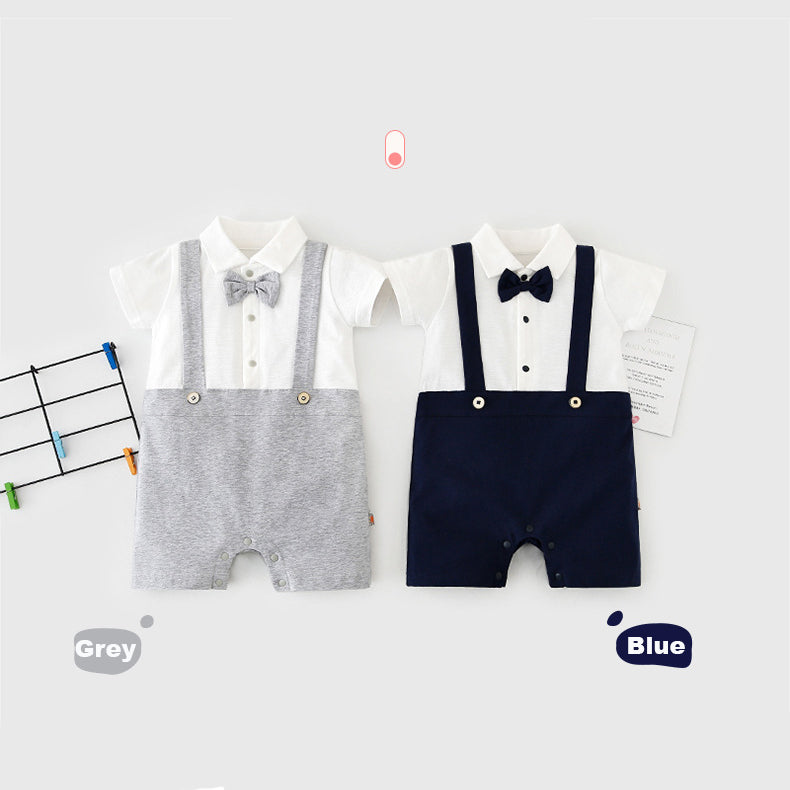 Baby Boy Fake Two Piece Suspender Suit Romper w Bow - Little Kooma