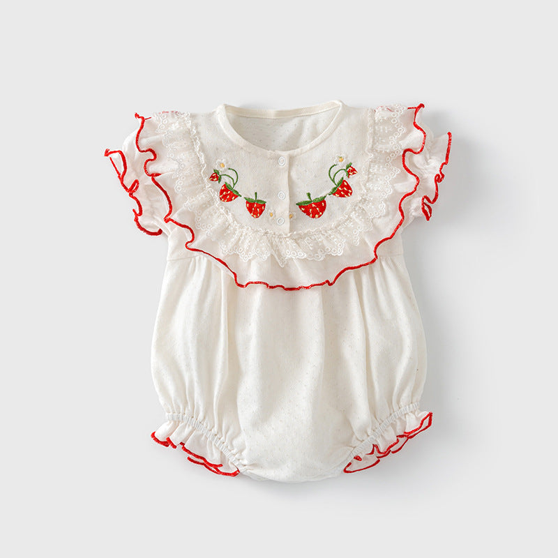 Baby Girl Puff Sleeves Red Embroidered Strawberry Bodysuit Lace Rim - Little Kooma