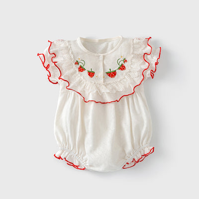 Baby Girl Puff Sleeves Red Embroidered Strawberry Bodysuit Lace Rim - Little Kooma