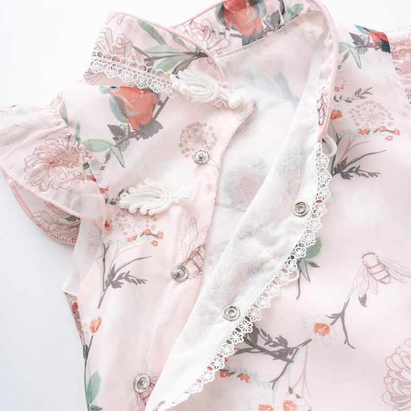 Baby Girl Ruffled Sleeves Floral Prints Cheongsam Bodysuit n Headwrap 2pc Set - Little Kooma