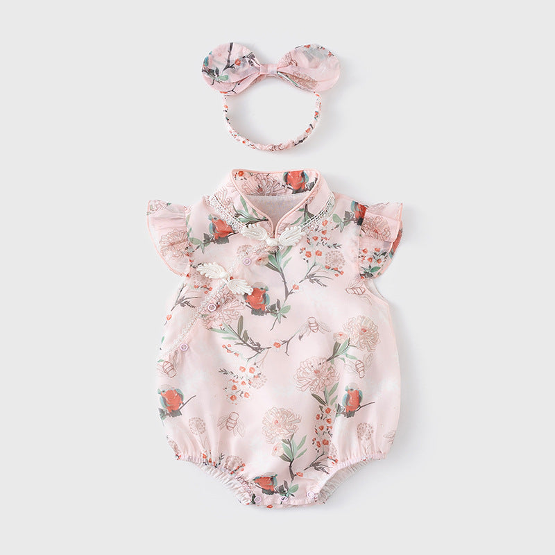 Baby Girl Ruffled Sleeves Floral Prints Cheongsam Bodysuit n Headwrap 2pc Set - Little Kooma