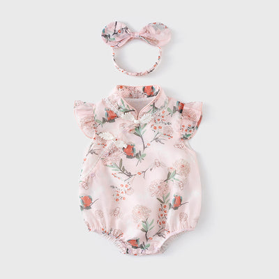 Baby Girl Ruffled Sleeves Floral Prints Cheongsam Bodysuit n Headwrap 2pc Set - Little Kooma