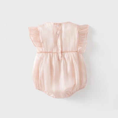 Baby Girl Ruffled Sleeves Big Bowtie Beige Voile Bodysuit n Headwrap 2pc Set - Little Kooma