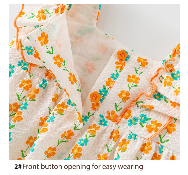 Baby Girl Ruffled Sleeves Orange Flower Prints Bodysuit n Headwrap 2pc Set - Little Kooma