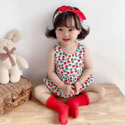 Baby Girl Big Bowtie Cherry Prints Bodysuit n Headwrap 2pc Set - Little Kooma