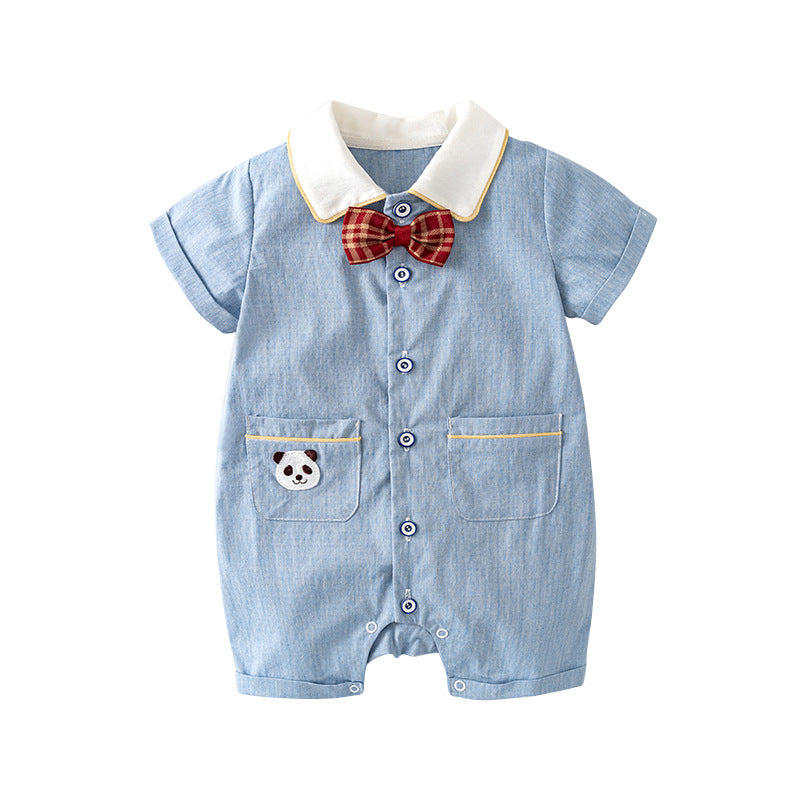 Baby Boy Panda White Collar Light Blue Suit Romper w Red Plaid Bow n Two Pockets - Little Kooma
