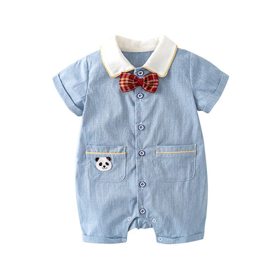 Baby Boy Panda White Collar Light Blue Suit Romper w Red Plaid Bow n Two Pockets - Little Kooma