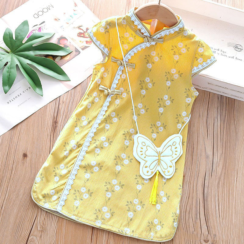 B01 Kids Girls Lace Trim Plaid Cheongsam Dress n Butterfly Sling Bag CNY Chinese New Year Outfit - Little Kooma
