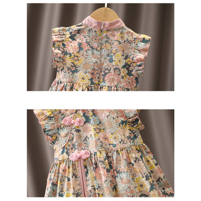Kids Girls Ruffled Sleeves Pink Floral Cheongsam Dress CNY Chinese New Year Outfit - Little Kooma