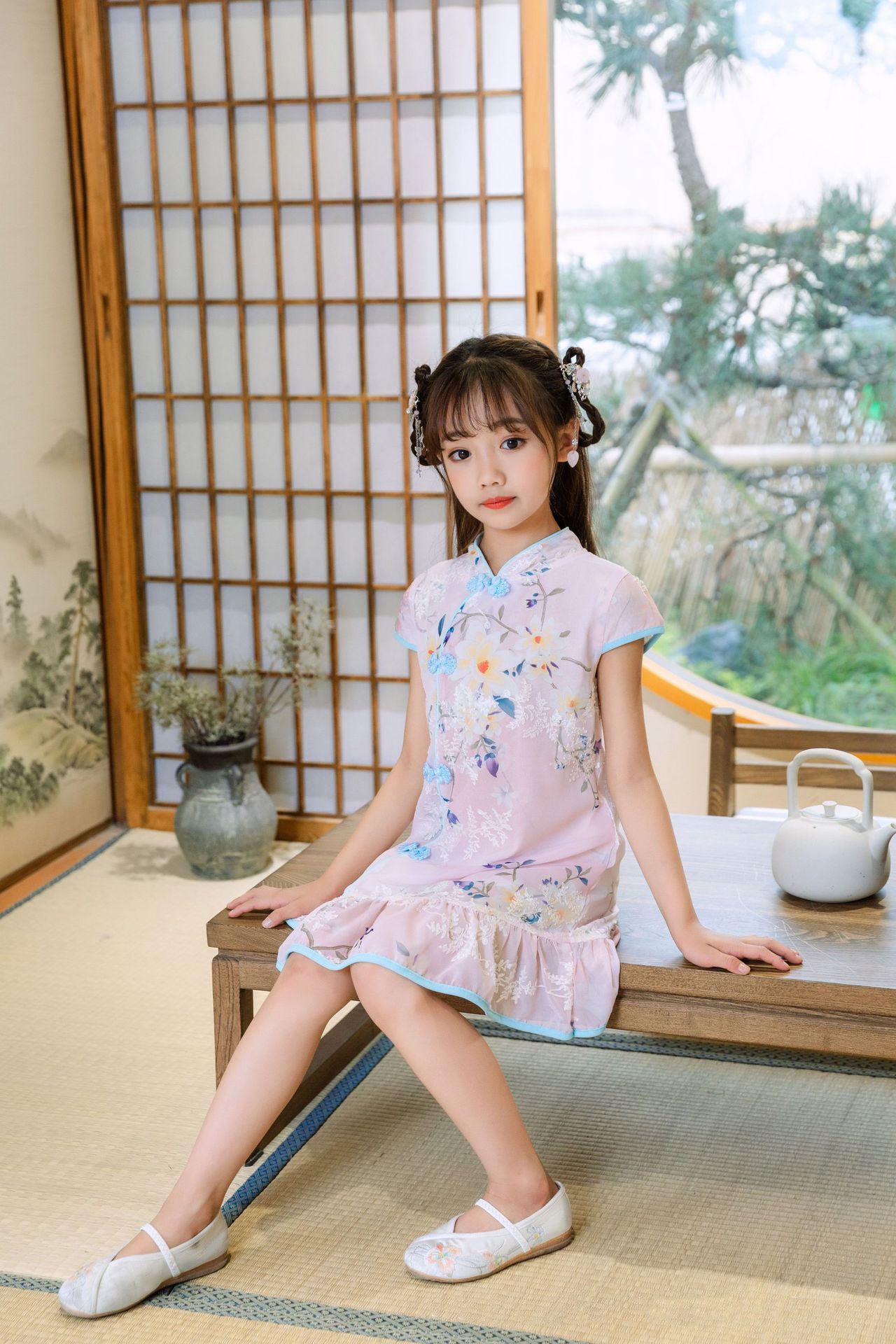 Kids Girls Trumpet Cheongsam Dress Flowers Cap Sleeves CNY Chinese New Year Outfit - Little Kooma