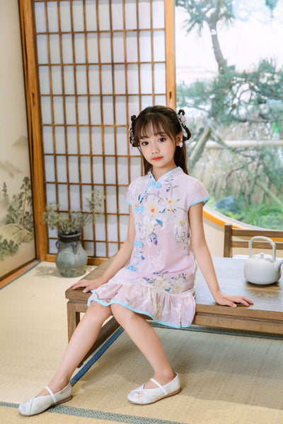 Kids Girls Trumpet Cheongsam Dress Flowers Cap Sleeves CNY Chinese New Year Outfit - Little Kooma