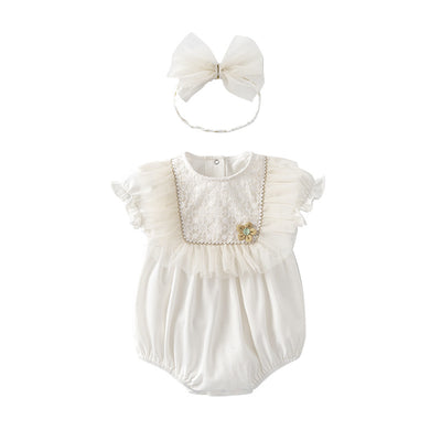 Baby Girl White Lace Puff Sleeves Yellow Flower Bodysuit n Headwrap 2pc Set - Little Kooma