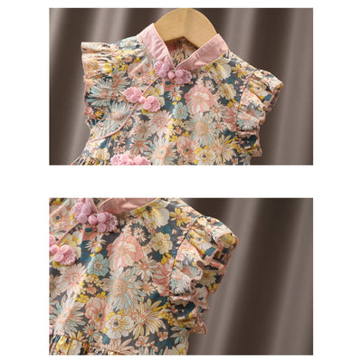 Kids Girls Ruffled Sleeves Pink Floral Cheongsam Dress CNY Chinese New Year Outfit - Little Kooma