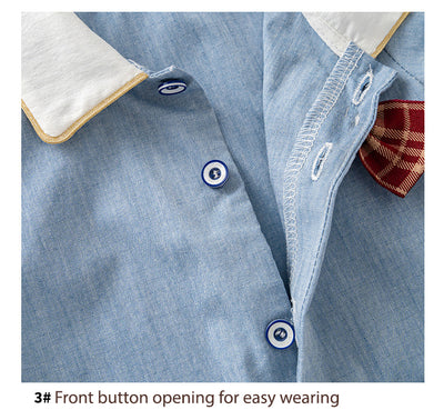 Baby Boy Panda White Collar Light Blue Suit Romper w Red Plaid Bow n Two Pockets - Little Kooma