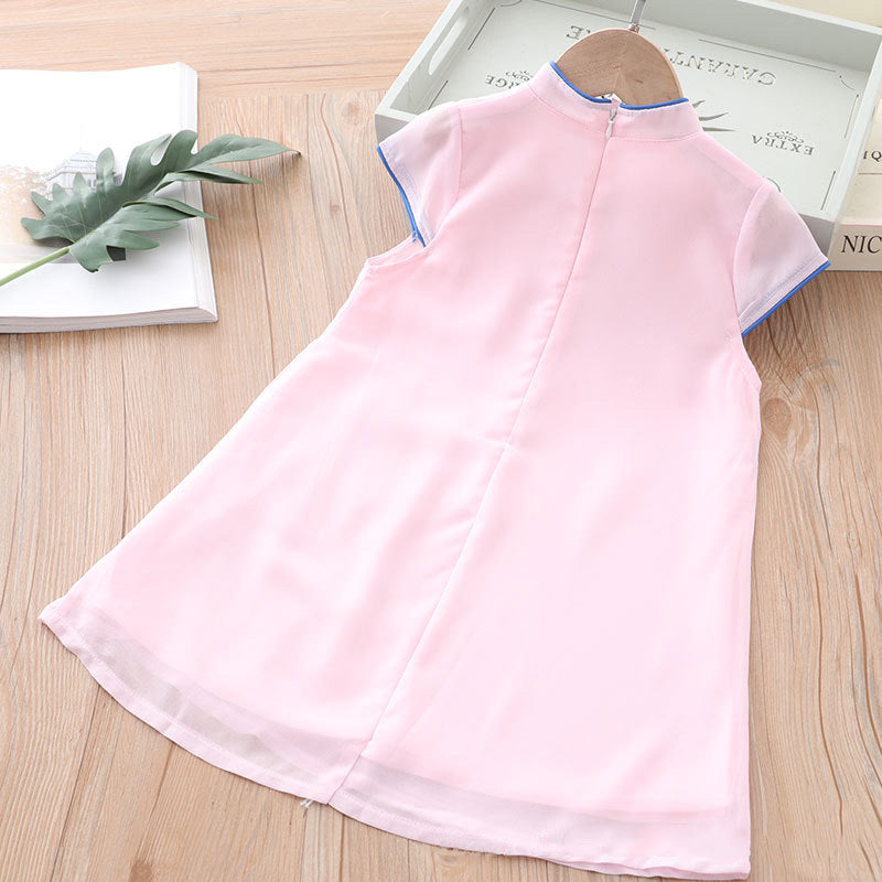 Kids Girls Voile Cheongsam Dress Blue Lotus Flowers Cap Sleeves CNY Chinese New Year Outfit - Little Kooma