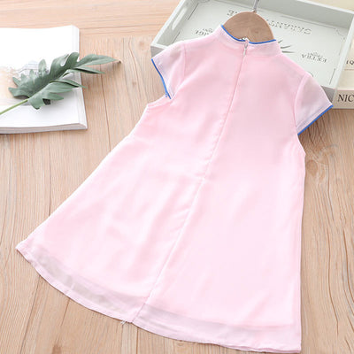 Kids Girls Voile Cheongsam Dress Blue Lotus Flowers Cap Sleeves CNY Chinese New Year Outfit - Little Kooma