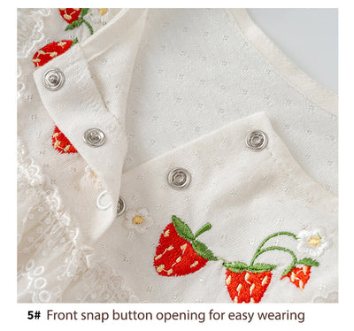 Baby Girl Puff Sleeves Red Embroidered Strawberry Bodysuit Lace Rim - Little Kooma
