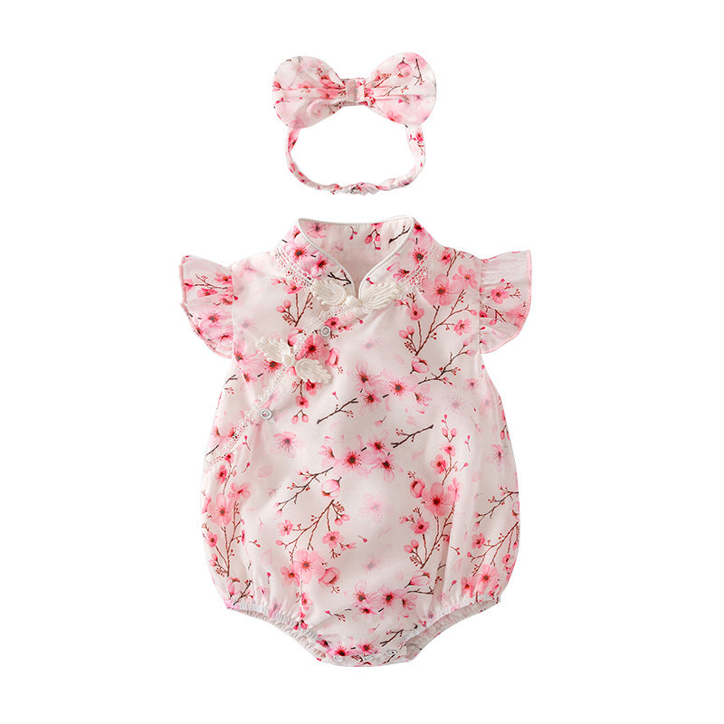 Baby Girl Ruffled Sleeves Pink Plum Flower Prints Voile Cheongsam Bodysuit n Headwrap 2pc Set - Little Kooma