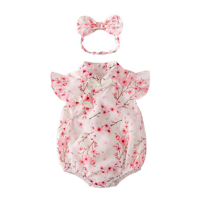 Baby Girl Ruffled Sleeves Pink Plum Flower Prints Voile Cheongsam Bodysuit n Headwrap 2pc Set - Little Kooma