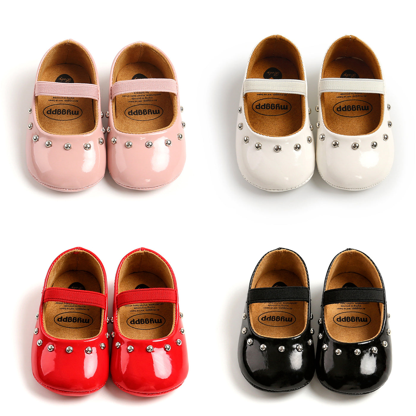 Baby Girl Patent PU Leather Magic Tape Rivets Shoes Anti-slip Flats - Little Kooma