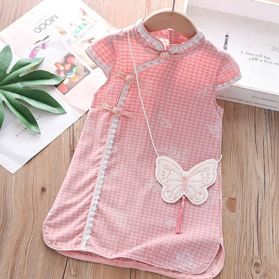 Kids Girls Lace Trim Plaid Cheongsam Dress n Butterfly Sling Bag CNY Chinese New Year Outfit - Little Kooma