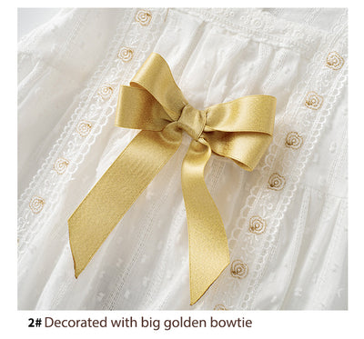 Baby Girl White Lace Ruffled Sleeves Big Golden Bowtie Bodysuit n Headwrap 2pc Set - Little Kooma