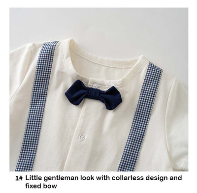 Baby Boy Fake Two Piece Round Neck Pocket Lion Suspender Suit Romper w Bow - Little Kooma