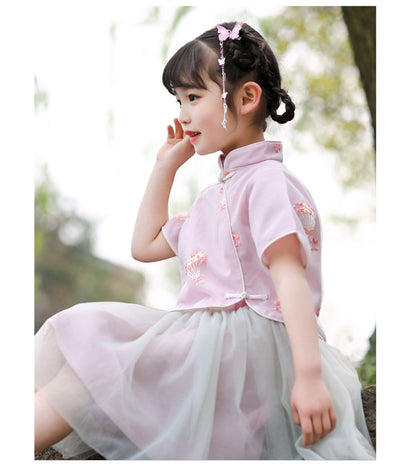 Kids Girls Voile Cheongsam Set Top n Skirt Pink Embroidered Pink n White Flowers  CNY Chinese New Year Outfit - Little Kooma