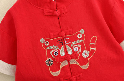 Kids Boys Cheongsam Set Top n Shorts Embroidered Tiger Racial Harmony Day CNY Chinese New Year Outfit - Little Kooma