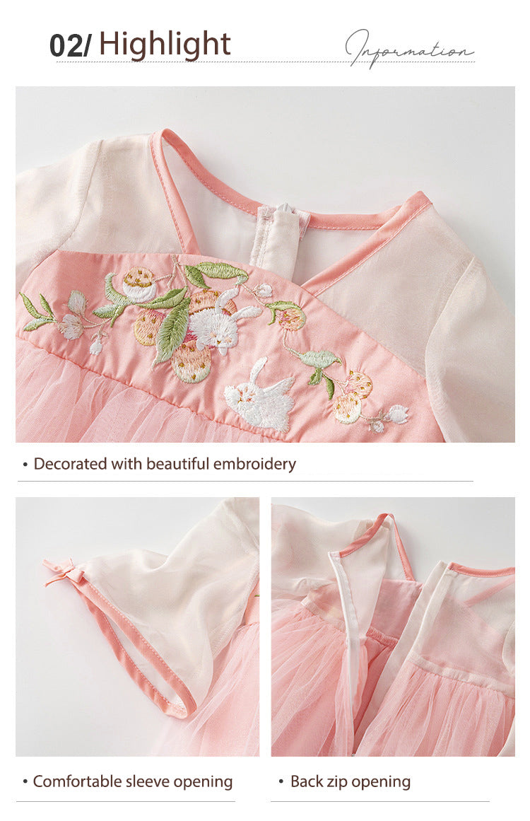 Baby Girl Three Quarter Sleeves Pink Embroidered Bunnies Voile Cheongsam Dress w Zipper - Little Kooma