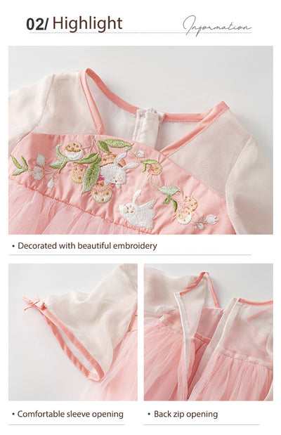 Baby Girl Three Quarter Sleeves Pink Embroidered Bunnies Voile Cheongsam Dress w Zipper - Little Kooma