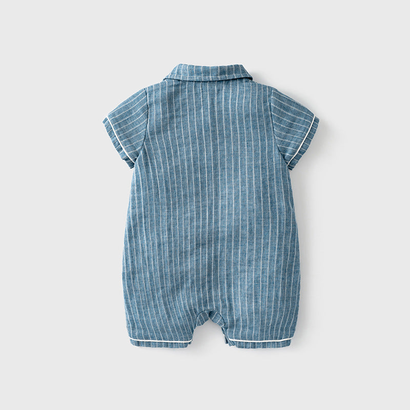 Baby Boy Bear White Stripes Dark Blue Suit Romper w Removable Black Wave Bow Fake Two Pockets - Little Kooma