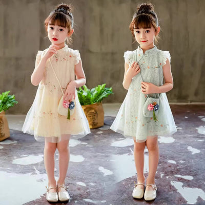 Kids Girls Voile Cover Lace Cheongsam Dress Flowers Ruffled Sleeves Sling Bag CNY Chinese New Year Outfit - Little Kooma