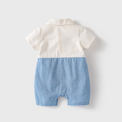 Baby Boy Cartoon Car Fake Two Piece Suspender Suit Romper w Removable Light Blue Tie White Folded Collar - Little Kooma
