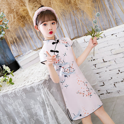 Kids Girls Lotus Flowers Crane Auspicious Clouds Cheongsam Dress Cap Sleeves CNY Chinese New Year Outfit - Little Kooma