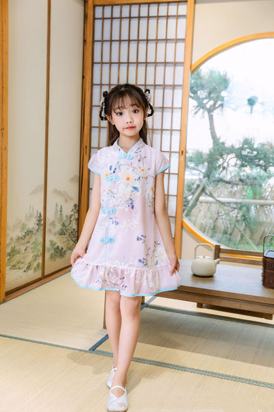 Kids Girls Trumpet Cheongsam Dress Flowers Cap Sleeves CNY Chinese New Year Outfit - Little Kooma