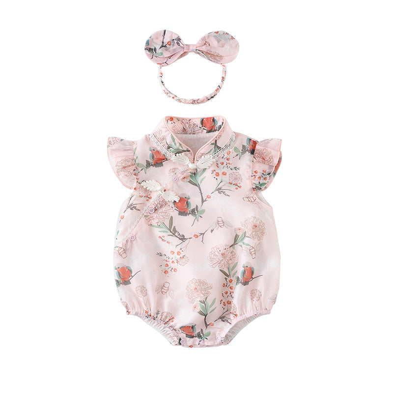 Baby Girl Ruffled Sleeves Floral Prints Cheongsam Bodysuit n Headwrap 2pc Set - Little Kooma